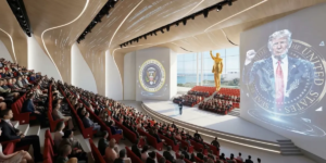 Donald Trump instala duas gigantescas estátuas douradas de si mesmo na biblioteca presidencial e exibe o Air Force One no corredor